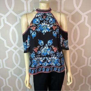 Jealous Tomato Womens Black & Blue Floral Top Choker Neckline Cold Shoulder New